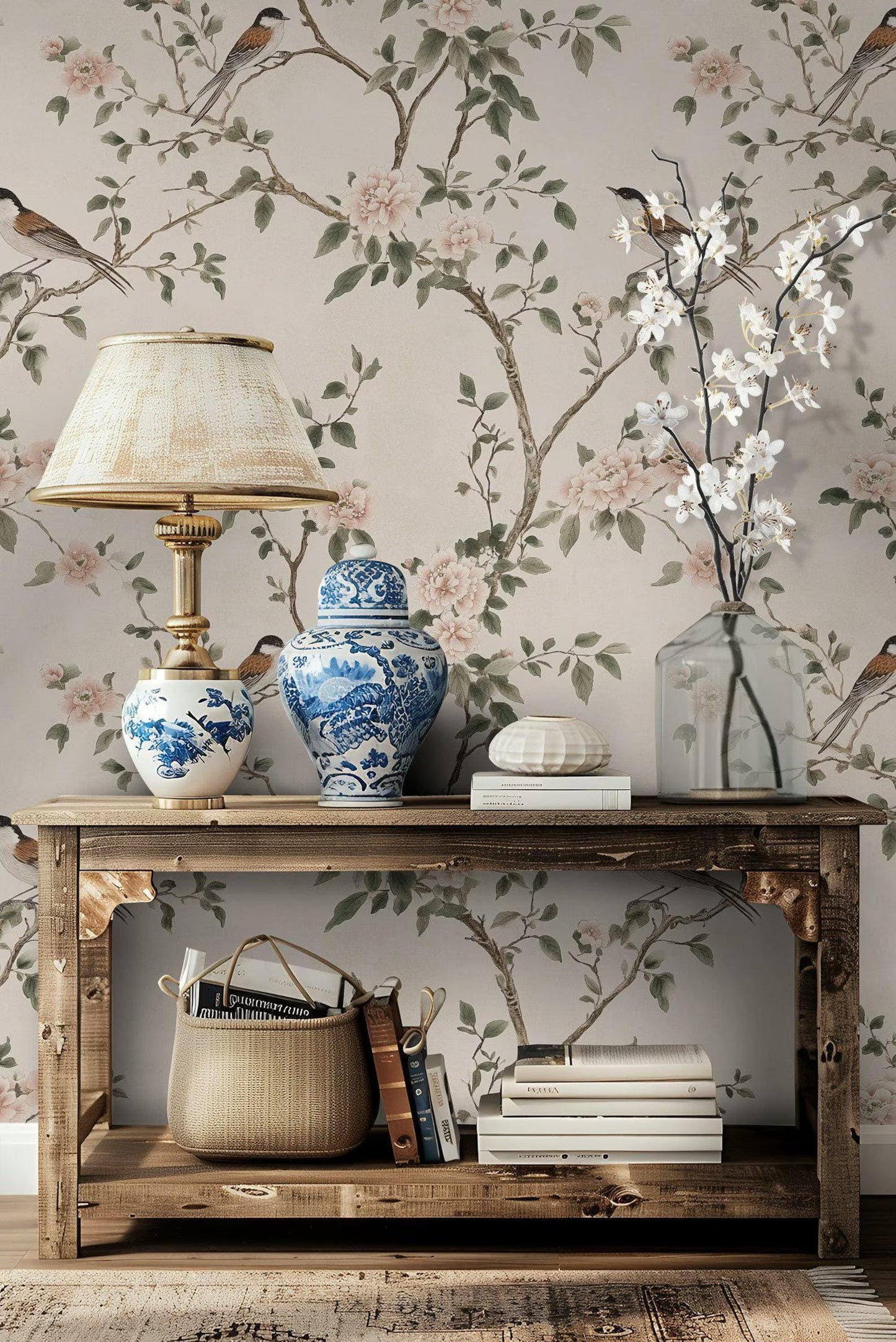 Birds and Pink Flowers on Beige Background Wallpaper, Spring Wallpaper, Vintage Floral Wallpaper, Romantic Mural, Bloom Wallpaper