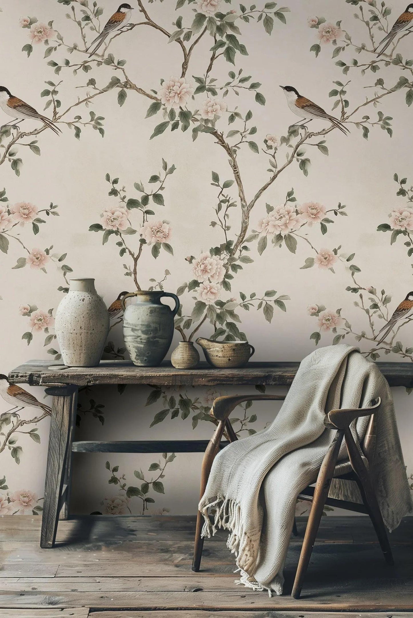 Birds and Pink Flowers on Beige Background Wallpaper, Spring Wallpaper, Vintage Floral Wallpaper, Romantic Mural, Bloom Wallpaper