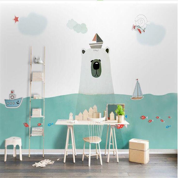 Polar Bear in The Sea Wallpaper, Boats and Fishes Wallpaper For Kidsroom, Sea Wallpaper Nursery, Blue Child Wallpaper, Peel&Stick Wallpaper
