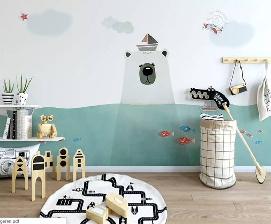 Polar Bear in The Sea Wallpaper, Boats and Fishes Wallpaper For Kidsroom, Sea Wallpaper Nursery, Blue Child Wallpaper, Peel&Stick Wallpaper