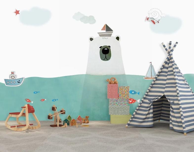Polar Bear in The Sea Wallpaper, Boats and Fishes Wallpaper For Kidsroom, Sea Wallpaper Nursery, Blue Child Wallpaper, Peel&Stick Wallpaper