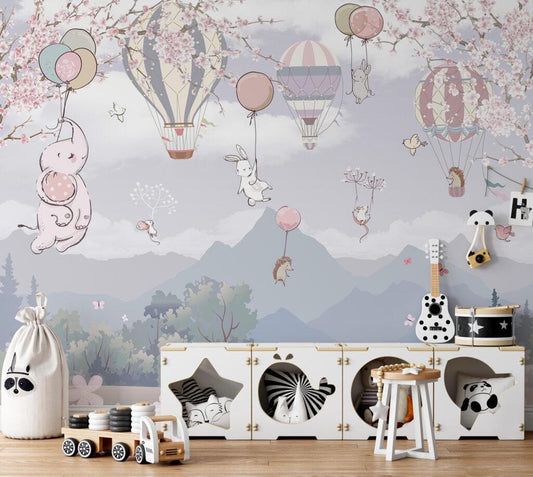 Cute Animals Flying in Balloons and Mountain Pattern Child Wallpaper, Watercolor Wallpaper Nursery, Rabbit Elephant Hedgehog Mouse Wallpaper