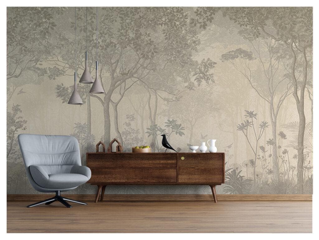 Beige Vintage Forest with Faded Effect Wallpaper, Trees Wallpaper, Bohemian Mural, Peel & Stick Mystic Wall Poster, Design Wallpaper