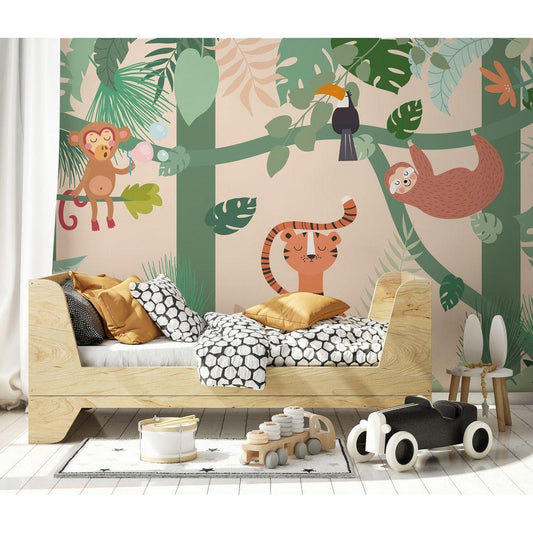 Tropical Jungle Animals Wallpaper Nursery, Illustration Trees and Plants Kids Wallpaper, Forest Child Wallpaper, Funny Jungle Baby Wallpaper