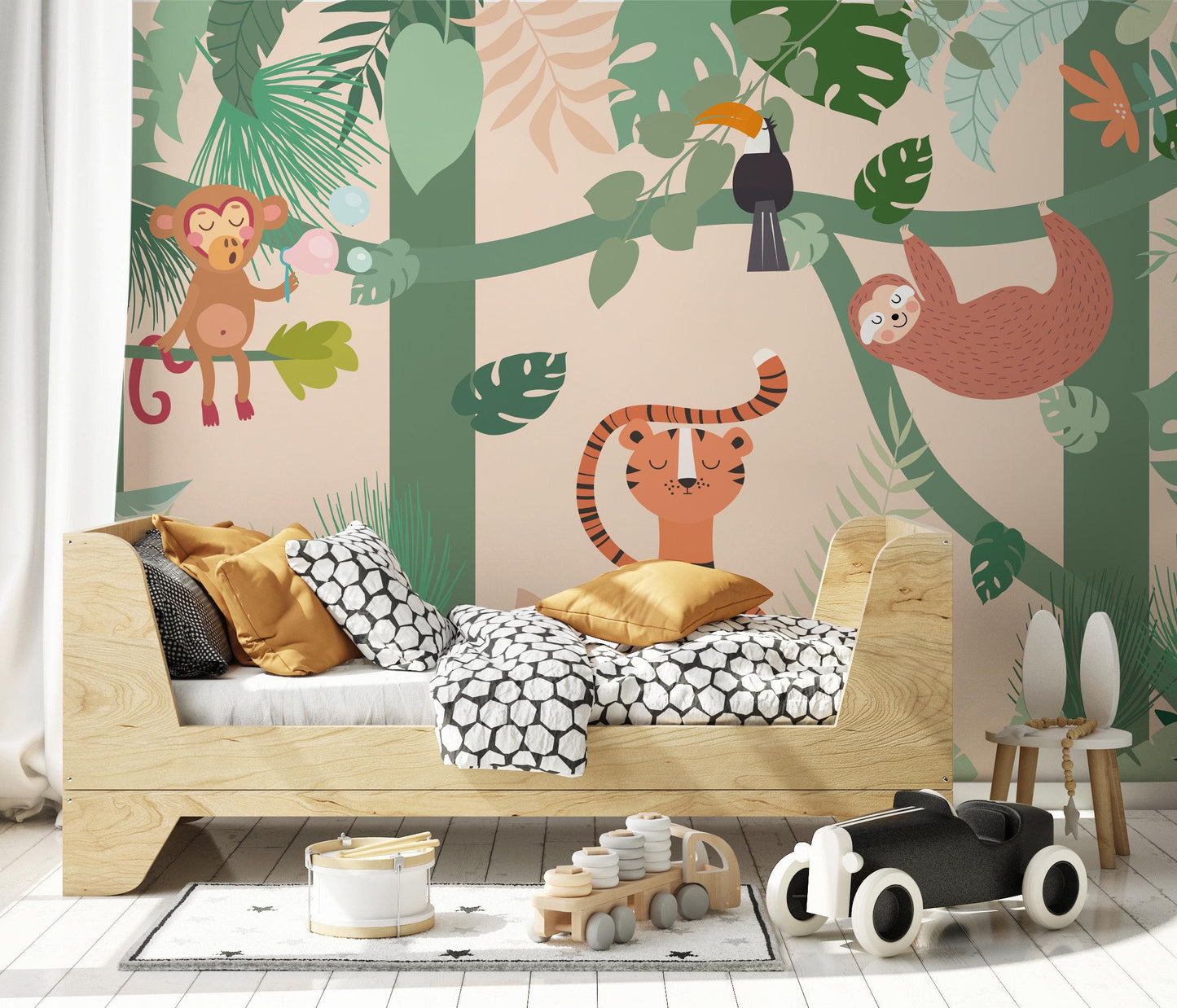 Tropical Jungle Animals Wallpaper Nursery, Illustration Trees and Plants Kids Wallpaper, Forest Child Wallpaper, Funny Jungle Baby Wallpaper
