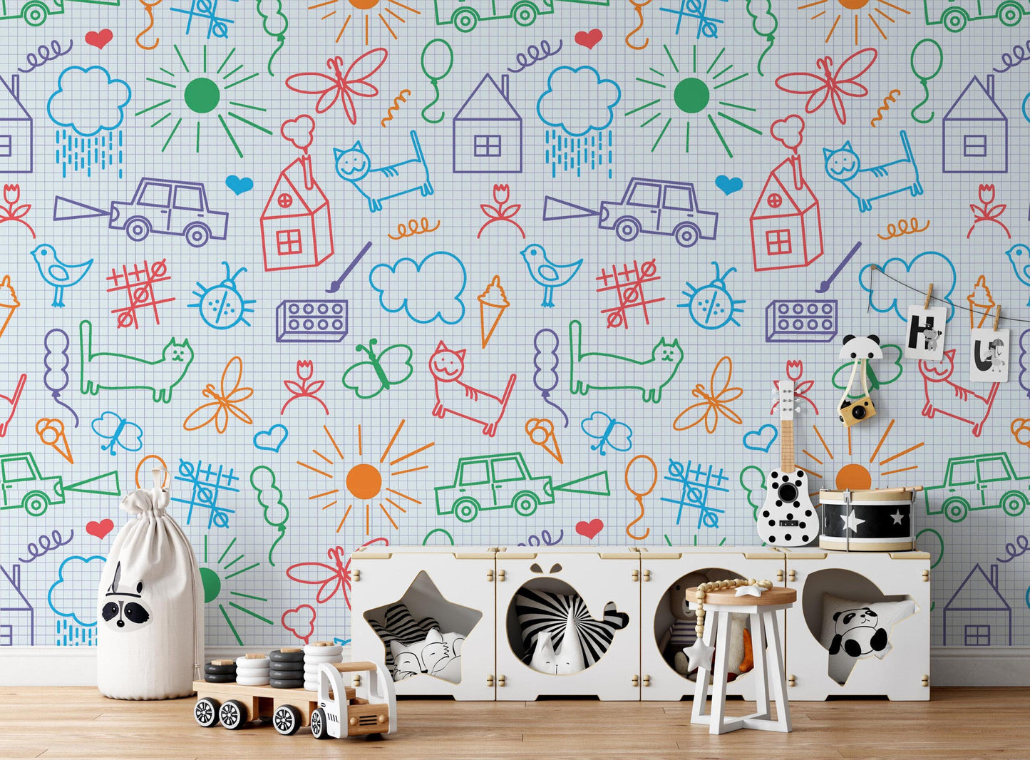 Fun Kids Drawings Wallpaper, Colourful Child Art Wall Poster, Pictorial Baby Wallpaper, Cute Wallpaper Nursery, Drawwing School Wallpaper