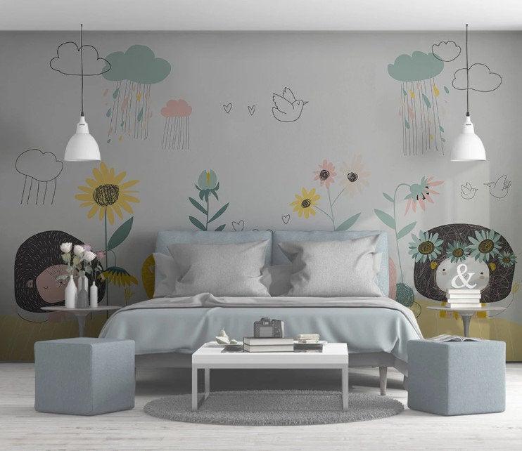 Cute little lambs Child Wallpaper, Drawing Animals Wallpaper, Cute Sheep 3D Kids Wall Poster, Sketch Baby Wallpaper, Wallpaper Nursery