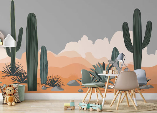 Cactuses in the Desert Wallpaper, Desert Sunset Illustration Wallpaper, Cactus Garden Wallpaper, Modern Abstract Pattern Wallpaper