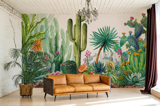 Cactus Flowers Wallpaper, Mediterranean Garden Illustration Wallpaper, Cactus Garden Wallpaper, Modern Abstract Pattern Wallpaper