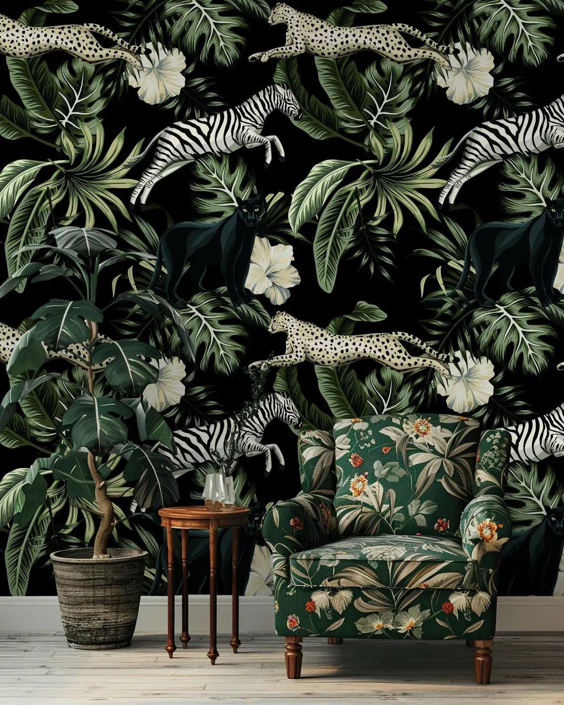 Black Panter Zebra and Leopard with Exotic Flowers in Dark Jungle Wallpaper, Black Tropical Animal Wallpaper, Botanical wallpaper