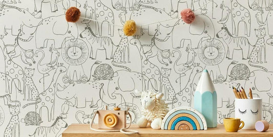 Line Art Sketch Animals Kids Wallpaper, Cute Baby Room Wallpaper, Funny Kids Room Wall Poster, Drawwing Wallpaper Nursery, School Wallpaper