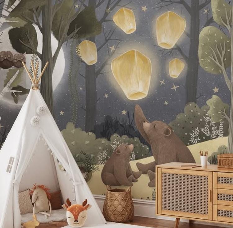 Night in the forest Fairy Tale Children's Room Wallpaper, Watercolor Wallpaper Nursery, School Mural, Cute Bears and Animals Baby Wallpaper