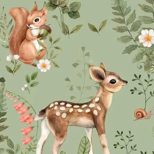 Bambi Rabbits Bear and Squirrels in Green Forest Wallpaper for Kids Room, Animals Wallpaper Nursery, Watercolor Trees Kids Wallpaper