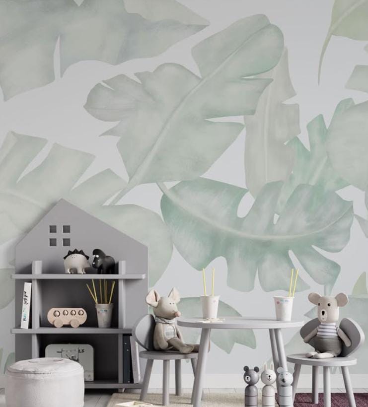 Green leaves Wallpaper For Kidsroom, Tropical Wallpaper Nursery, Nature Kids Wall Mural, Kids Room Wall Poster, Peel & Stick Child Wallpaper