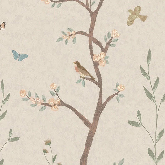 Beige Background Spring Trees Wallpaper, Birds and Butterfly Wallpaper, Spring Flowers Wallpaper, Vintage Floral Wallpaper, Bloom Wallpaper