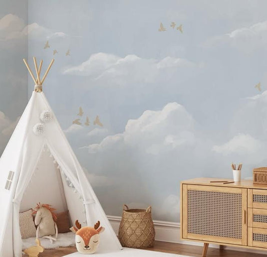 Blue Sky Wallpaper, Blue Cloud Wall Poster, Soft Blue Background Baby Room Wallpaper, Illustration Wallpaper Nursery, Baby Boy Wall Mural