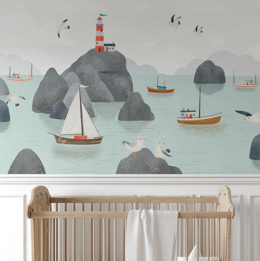 Seagulls and Lighthouse Kids Wallpaper, Seaside Wallpaper For Kidsroom, Sea Wallpaper Nursery, Boats Childrens Wallpaper, Marin Wall Poster