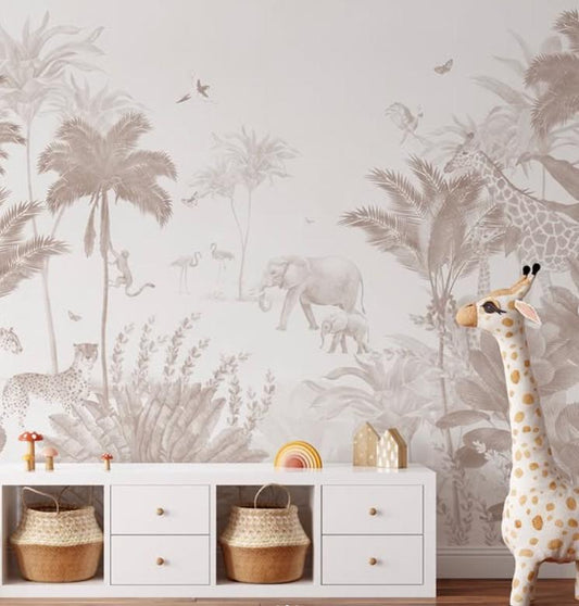 Monochrome Jungle Kidsroom Wall Poster, Soft Tones Animals Kids Wallpaper, Cute Baby Wallpaper, Drawwing Wallpaper Nursery, School Wallpaper