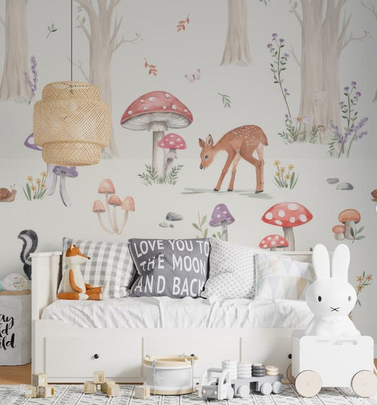 Nature Park Animals Wallpaper for Kidsroom, Gazelle Birds and Mushrooms Kids Wallpaper, Baby Wallpaper, Fairytale Forest Wallpaper Nursery