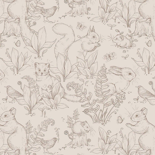 Squirrel Forest Wallpaper for Kids Room, Animals Wallpaper Nursery, Sketch Kids Wallpaper, Beige Baby Wall Poster, Vintage Baby Room Mural