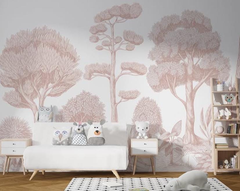 Pink Linear Trees Forest Wallpaper, Wallpaper Nursery, Nature Kids Wallpaper, Forest Child Wallpaper, Drawwing Art Wallpaper,Baby Girl Mural