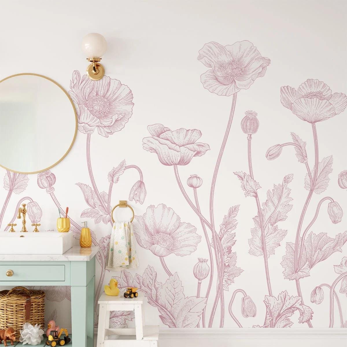 Pink Sketch Large Flowers Girl Wallpaper, Flower Garden Baby Girl Wallpaper, Art Wallpaper Nursery, Watercolor Wallpaper, Flowers Wallpaper