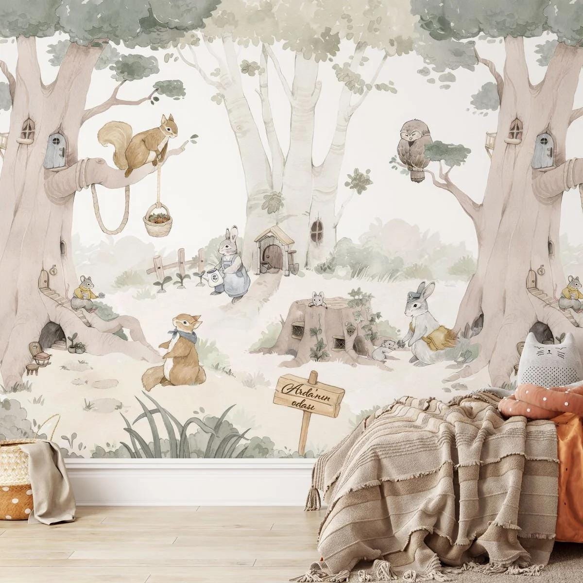 Personalized Forest Village Wallpaper For Kidsroom, Cute Animals Wallpaper Nursery, Nature Childrens Wallpaper, Peel & Stick Baby Wallpaper
