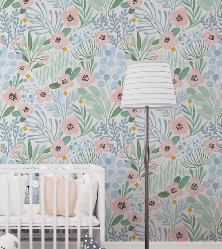 Colourful Illustration Flowers Baby Girl Wallpaper, Flower Garden Baby Girl Wallpaper, Art Wallpaper Nursery, Watercolor Floral Wallpaper