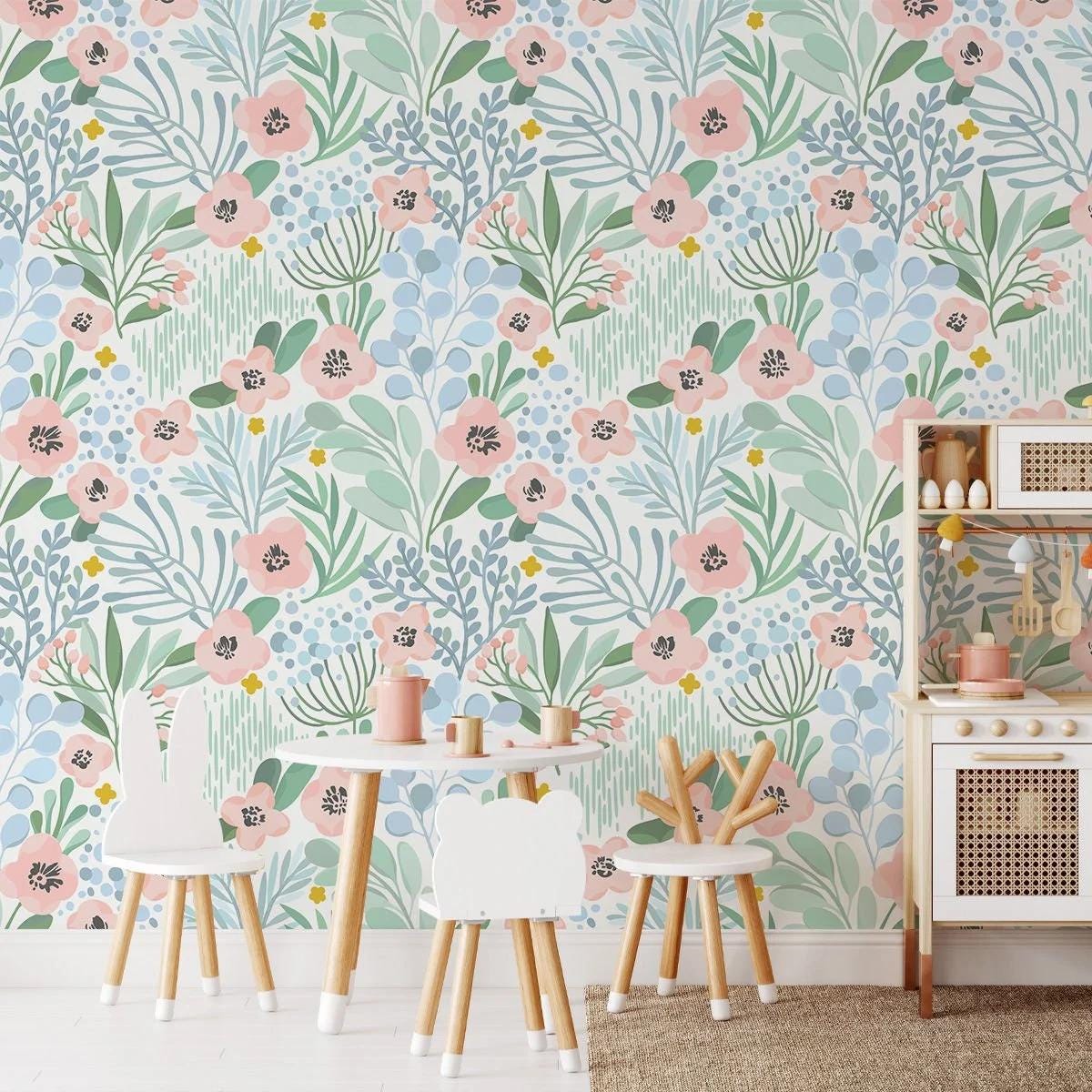 Colourful Illustration Flowers Baby Girl Wallpaper, Flower Garden Baby Girl Wallpaper, Art Wallpaper Nursery, Watercolor Floral Wallpaper
