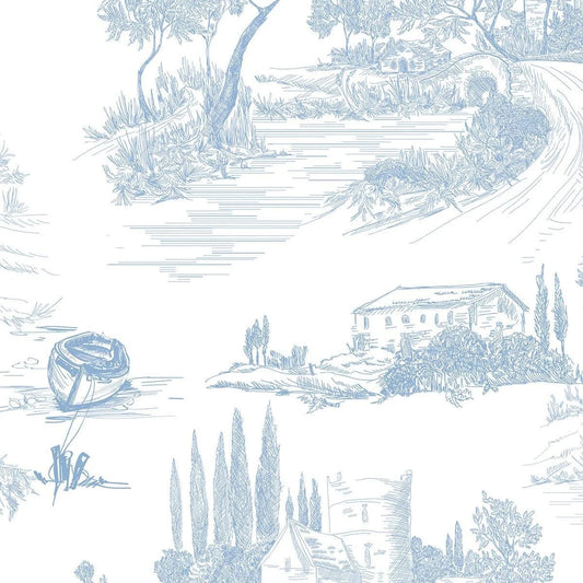 Blue Retro Pattern Wallpaper, Blue Old Town Wallpaper Nursery, Nature Wallpaper, Blue Child Wallpaper, Drawwing Art Wallpaper