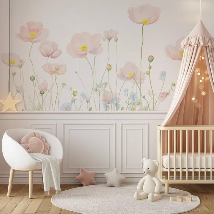 Pink Spring Flowers Baby Girl Wallpaper, Flower Garden Baby Girl Wallpaper, Art Wallpaper Nursery, Watercolor Floral Wallpaper