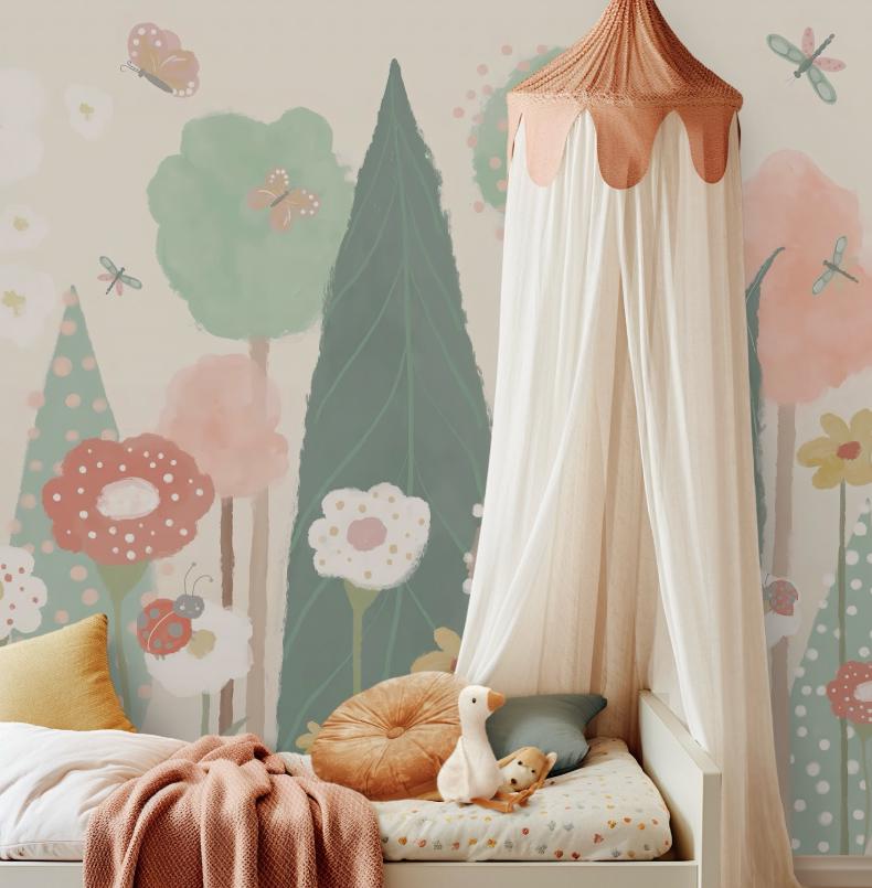 Colourful Illustration Butterflies and Flowers Baby Girl Wallpaper, Flower Garden Baby Girl Wallpaper, Watercolor Floral Wallpaper Nursery