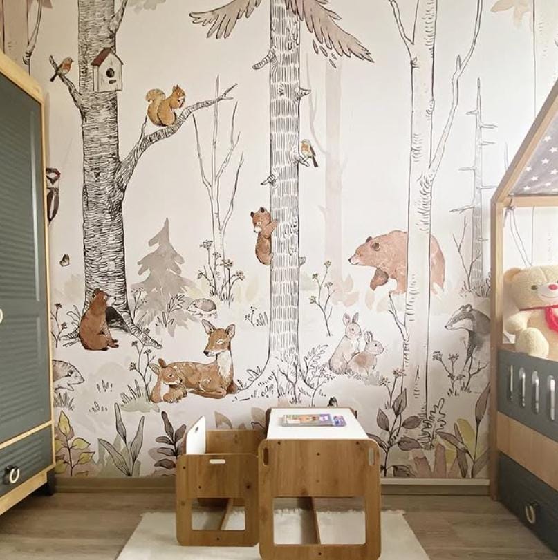 Animals in White Forest Wallpaper for Kids Room, Cute Animals Wallpaper Nursery, Watercolor Trees Kids Wallpaper