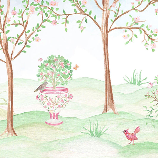 Spring Garden and Colourful Birds Wallpaper, Wallpaper Nursery, Nature Kids Poster, Soft White Baby Room Mural, Watercolor Wallpaper Nursery