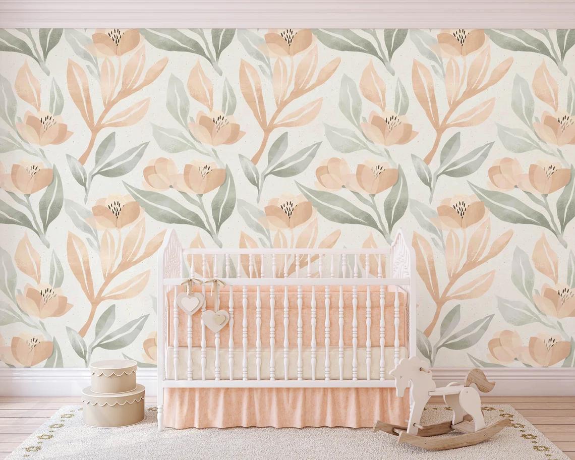 Somon Color Flowers Baby Girl Wallpaper, Flower Garden Baby Girl Wallpaper, Art Wallpaper Nursery, Watercolor Floral Wallpaper