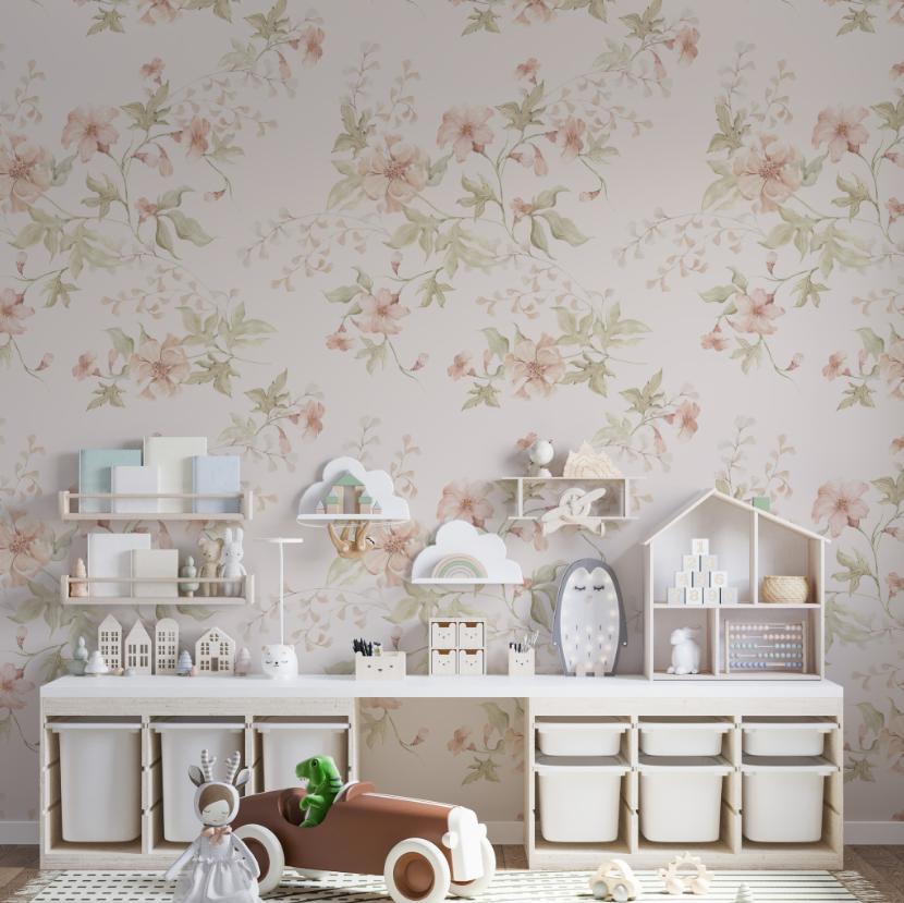 Soft Pink Color Flowers Baby Girl Wallpaper, Flower Garden Baby Girl Wallpaper, Art Wallpaper Nursery, Watercolor Floral Wallpaper