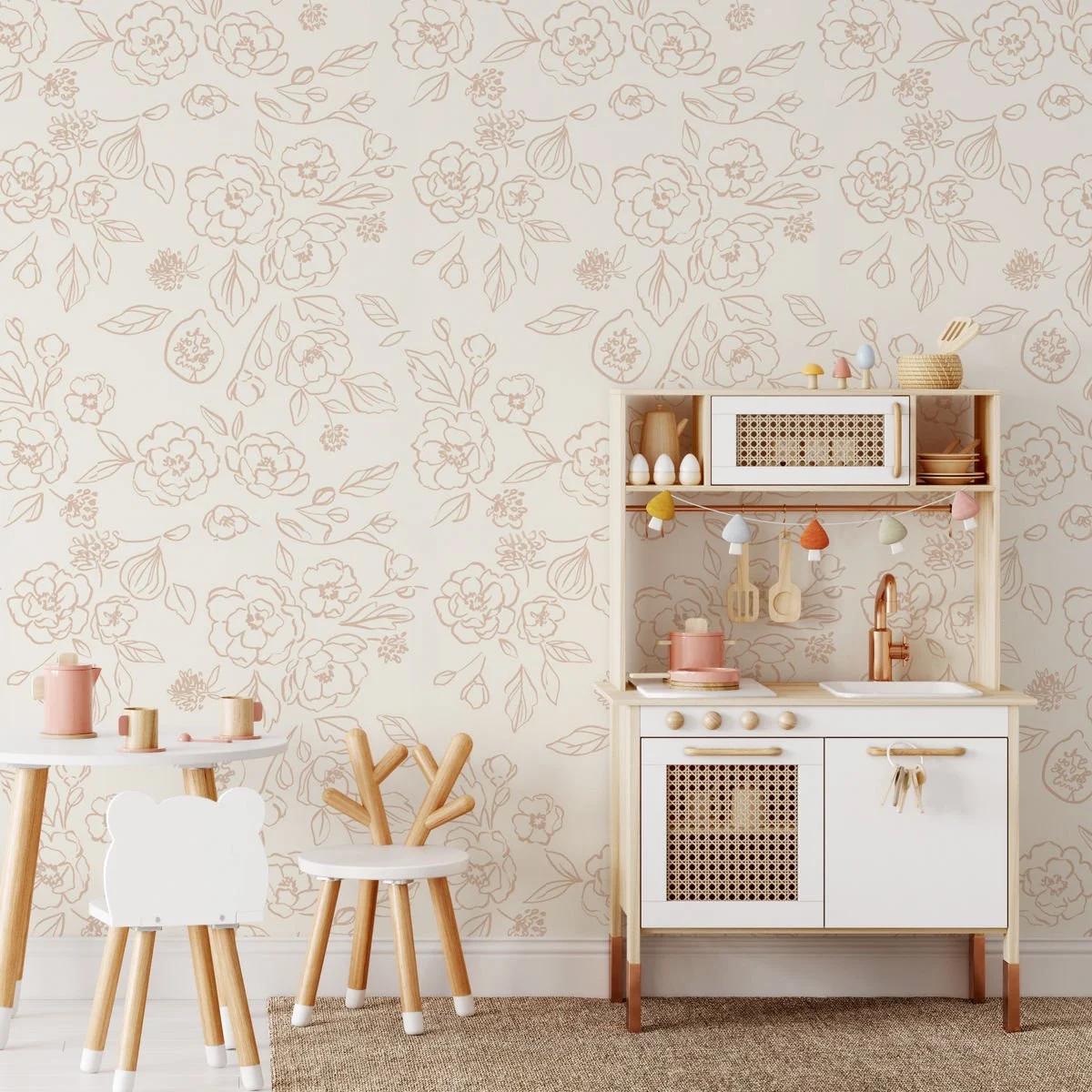 Monochrome Flowers Wallpaper, Flower Garden Baby Girl Wallpaper, Art Wallpaper Nursery, Drawwing Wallpaper, Flowers Wallpaper