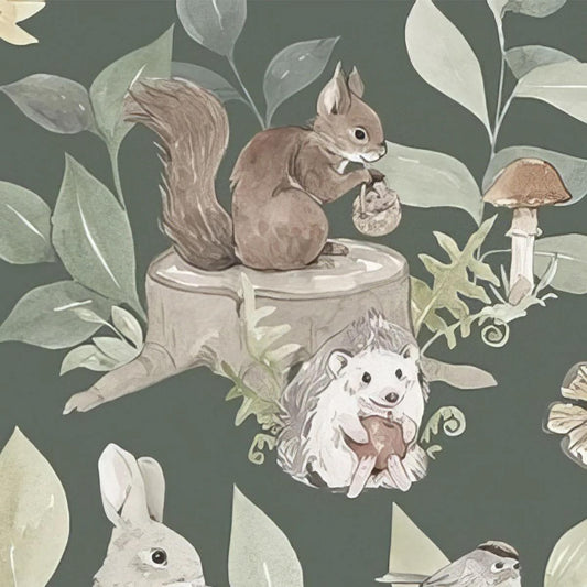 Squirrel Rabbit Hedgehog Forest Wallpaper For Kidsroom, Cute Animals Wallpaper Nursery, Nature Childrens Wallpaper, Baby Room Wallpaper