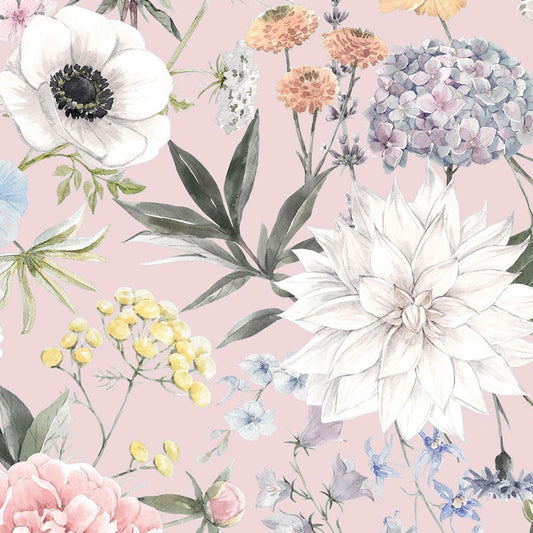 Geranium Hydrangea Roses Flowers Baby Wallpaper, Flower Garden Kids Wallpaper, Spring Flowers Wallpaper Nursery, Floral Baby Girl Wallpaper