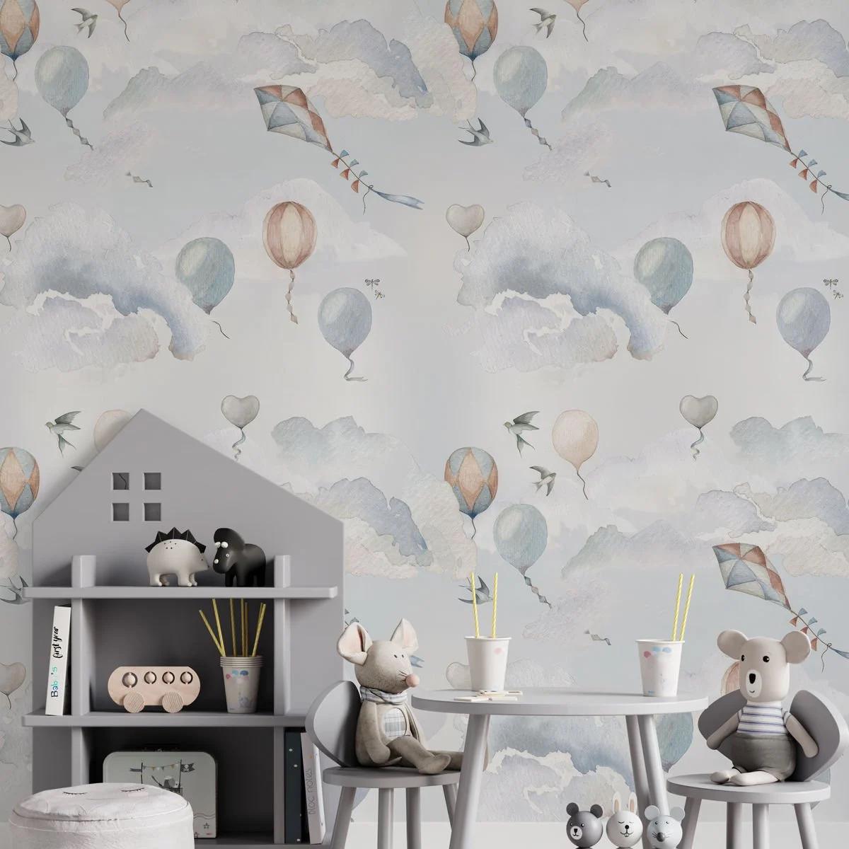 Blue and Beige Balloons in The Sky Kids Wallpaper, Blue Sky Child Wallpaper, Clouds Wallpaper Nursery, Kites Baby Boy Wallpaper