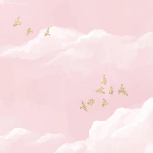 Soft Pink Sky Wallpaper, Watercolor Pink Cloud and Birds Wall Poster, Baby Girl Wallpaper, Painting Art Wallpaper Nursery