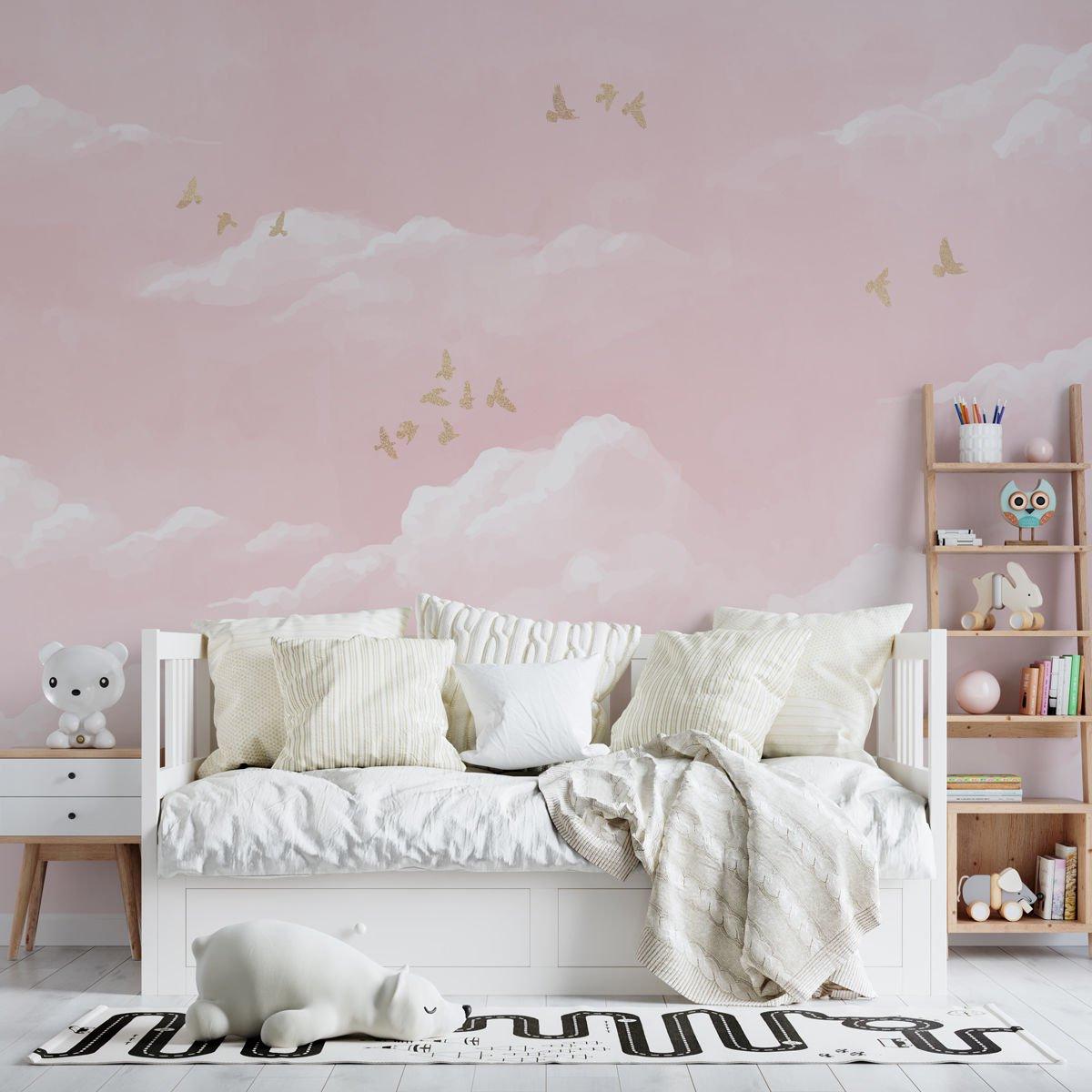 Soft Pink Sky Wallpaper, Watercolor Pink Cloud and Birds Wall Poster, Baby Girl Wallpaper, Painting Art Wallpaper Nursery