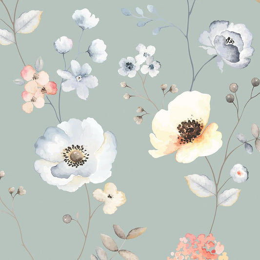 Meadow Flowers on Green Background, Flowers Baby Girl Wallpaper, Flower Garden Kids Wallpaper, Wallpaper Nursery, Watercolor Floral Mural