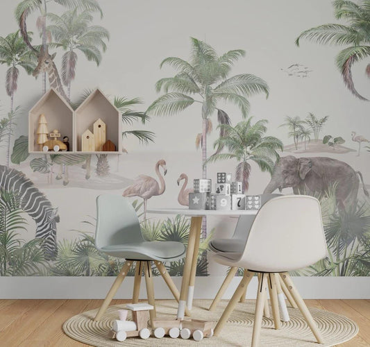 Flue Colorful Tropical Forest Kids Wallpaper, Flamingo Giraffe Zebra Elephant Wallpaper for Kidsroom, Tropical Jungle Wallpaper Nursery