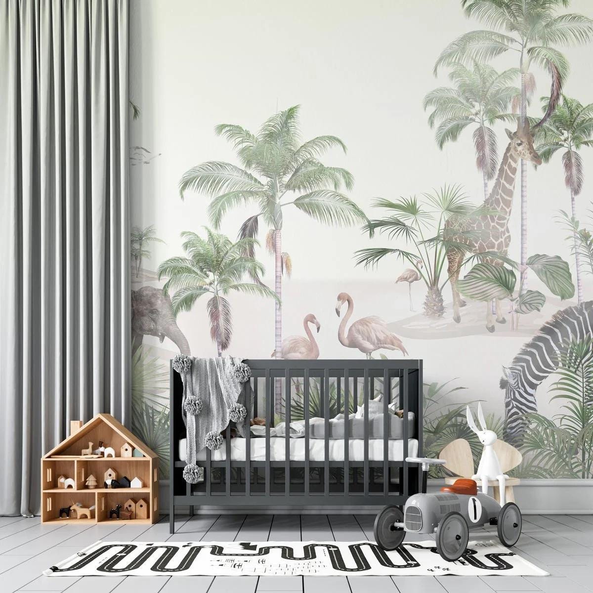 Flue Colorful Tropical Forest Kids Wallpaper, Flamingo Giraffe Zebra Elephant Wallpaper for Kidsroom, Tropical Jungle Wallpaper Nursery