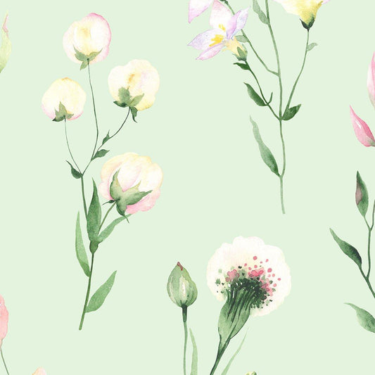 Colourful Spring Flowers on Light Green Background, Flowers Baby Girl Wallpaper, Flower Garden Wallpaper Nursery, Watercolor Floral Mural