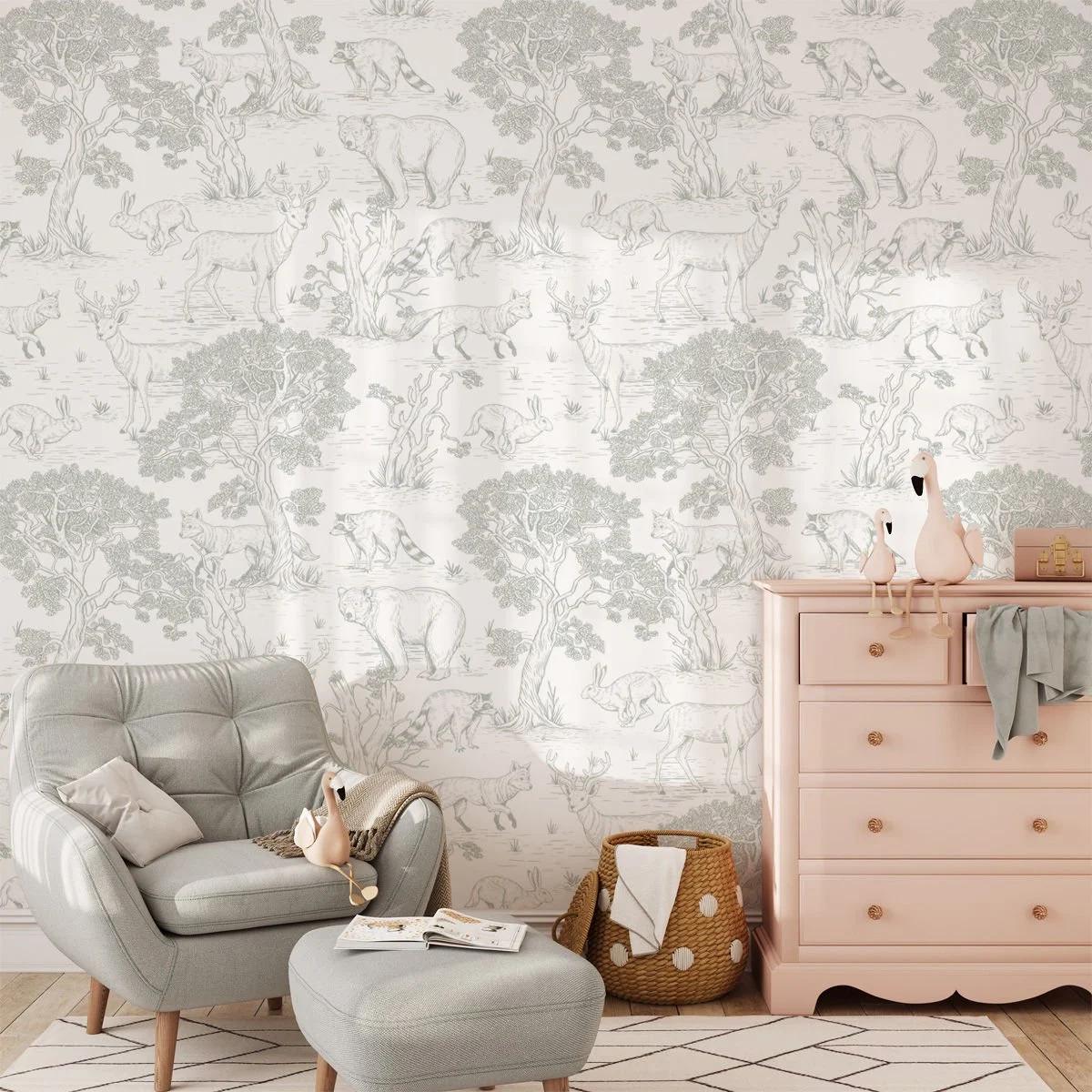 Monochrome Animals Child Wallpaper, Line Art Forest Baby Girl Wallpaper, Cute Animals Wallpaper Nursery, Drawwing Wallpaper for Kidsroom