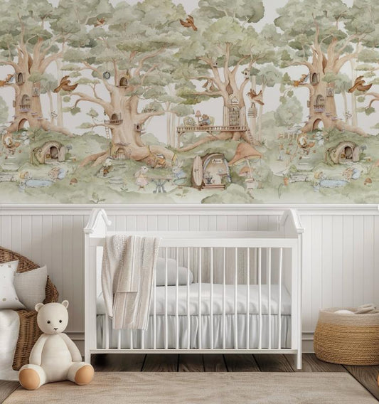 Fairytale Forest Village Kids Wallpaper, Kidsroom Art Wallpaper, Watercolor Animals Wallpaper Nursery, Nature Kids Wallpaper, Baby Wallpaper