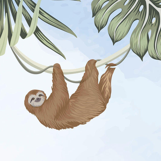 Watercolor Jungle Animals Wallpaper Nursery with Blue Sky, Nature Kids Wallpaper, Forest Child Wallpaper, Drawwing Jungle Baby Wallpaper