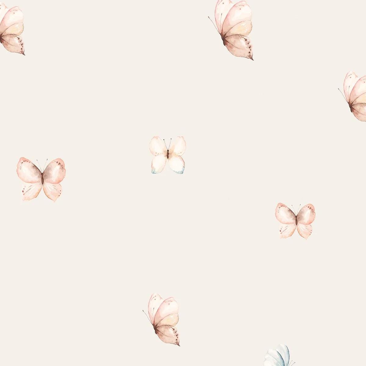 Pink Baby Girl Wallpaper with Butterflies, Watercolor Baby Wallpaper, Sky Wall Poster, Pink Background Babyroom Wallpaper, Wallpaper Nursery